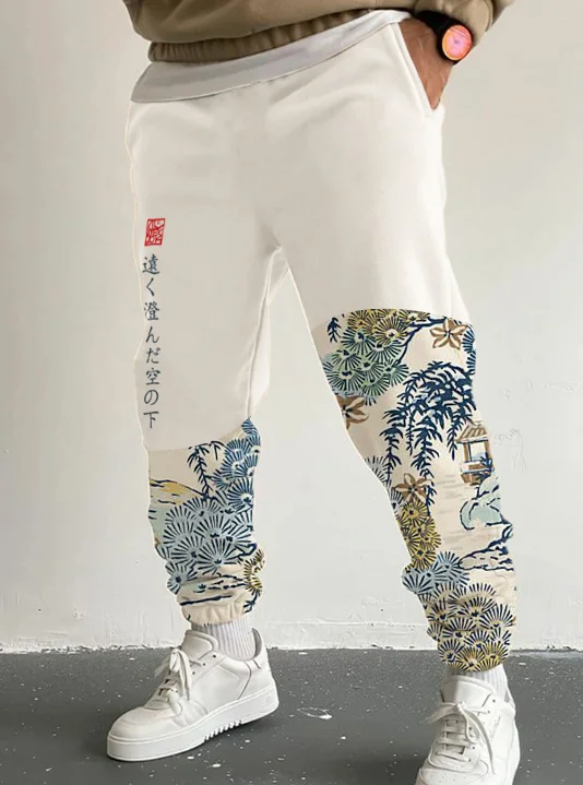 Men's Japanese Courtyard Trees Art Print Side Pocket Casual Sweatpants