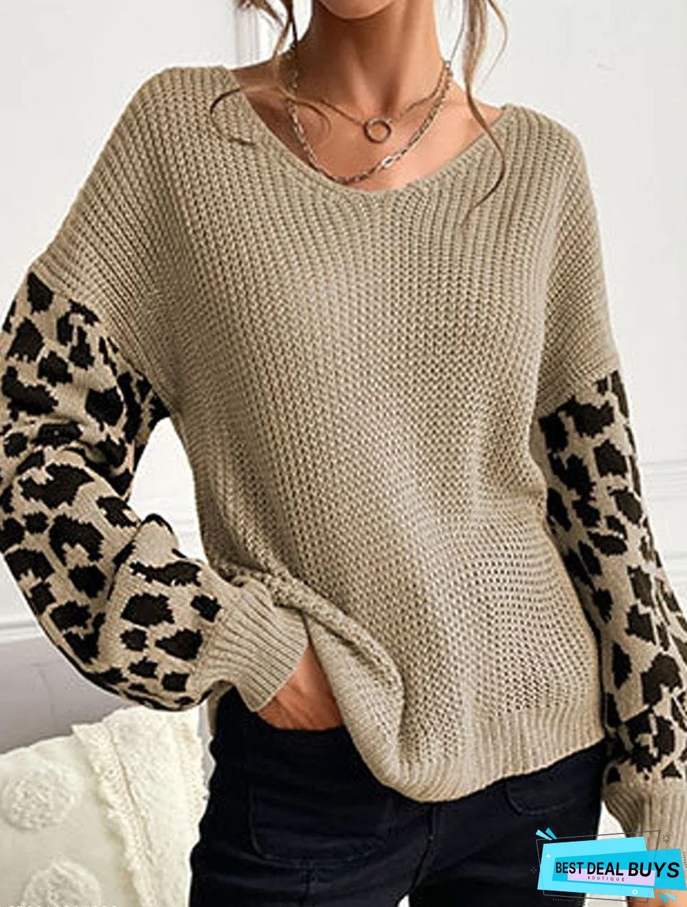 Casual Leopard Print Teaching V-Neck Long-Sleeved Sweater