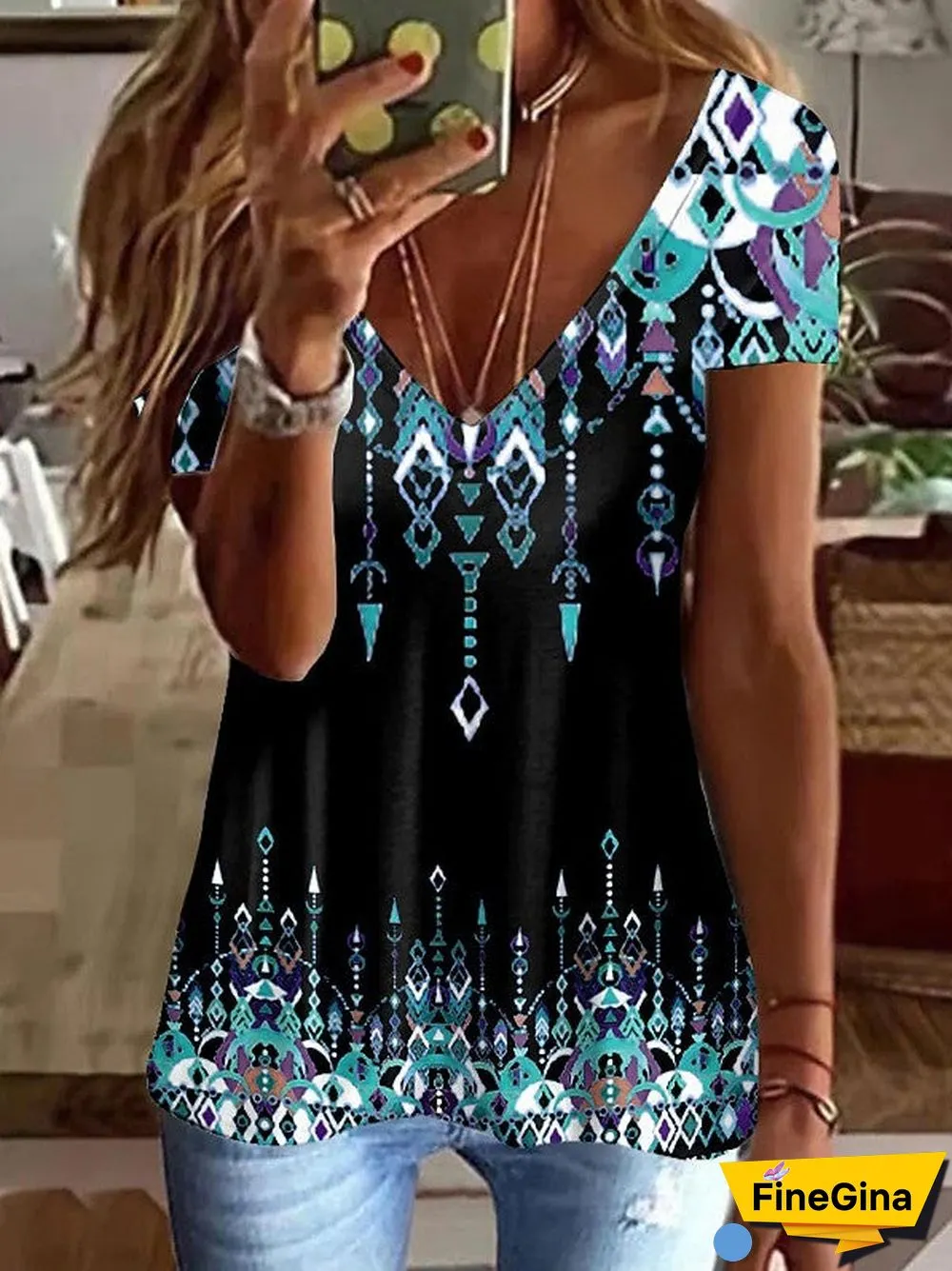 Women's Summer Short-sleeved V-neck Printed Casual Top