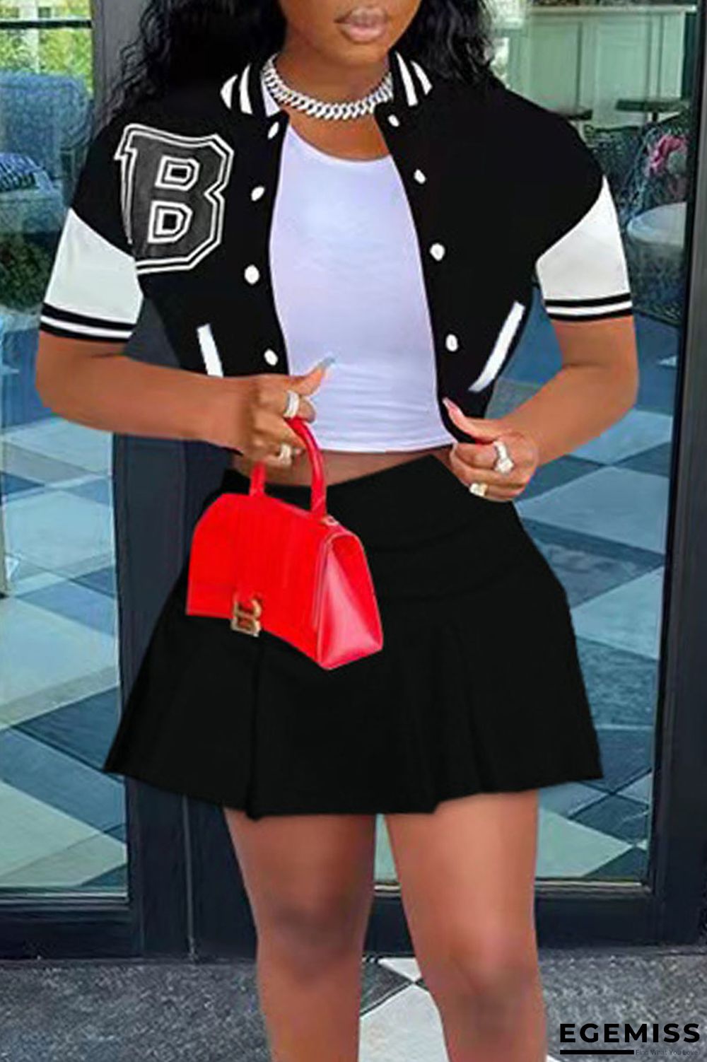 Black Casual Print Patchwork Buckle Plus Size Two Pieces | EGEMISS