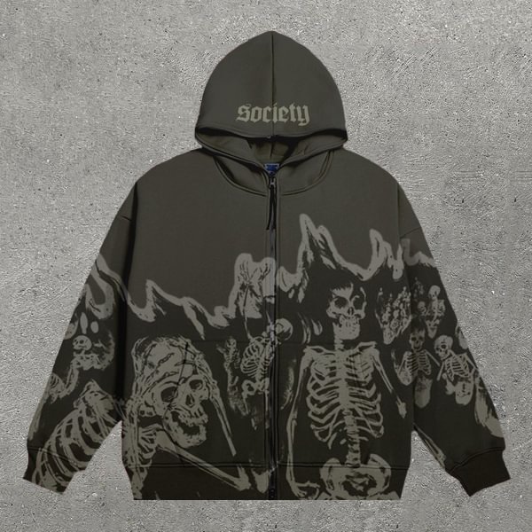 Skull Print Long Sleeve Zip Hoodie