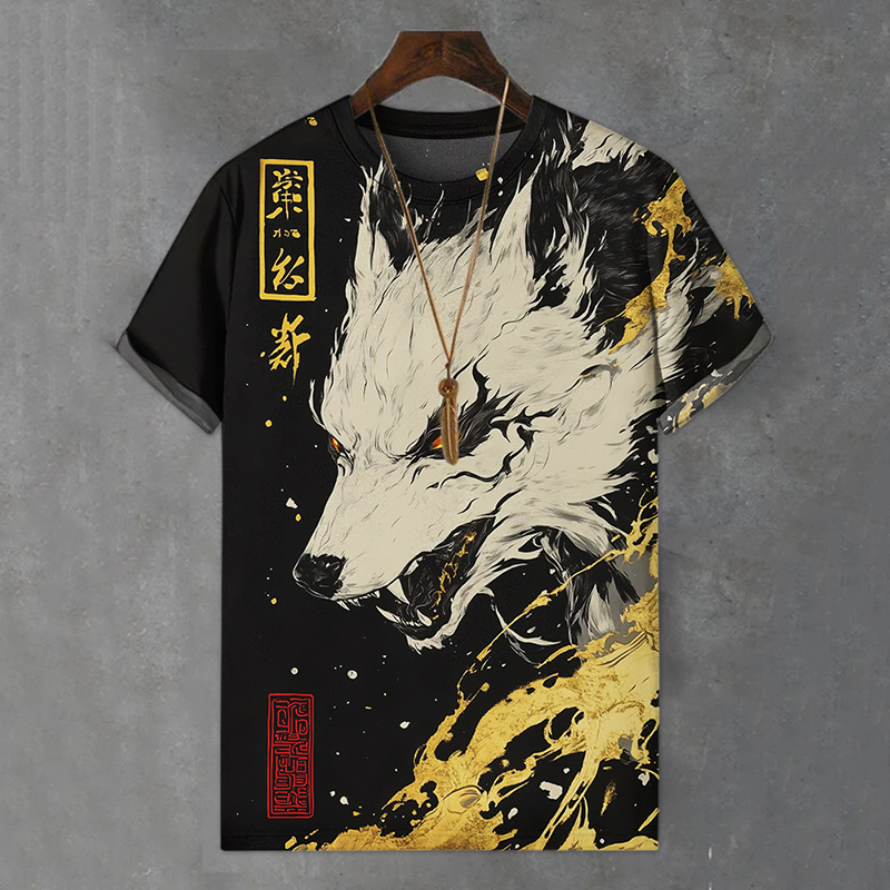 Men's Fantasy Japanese Wolf Art Print Comfortable T-shirt