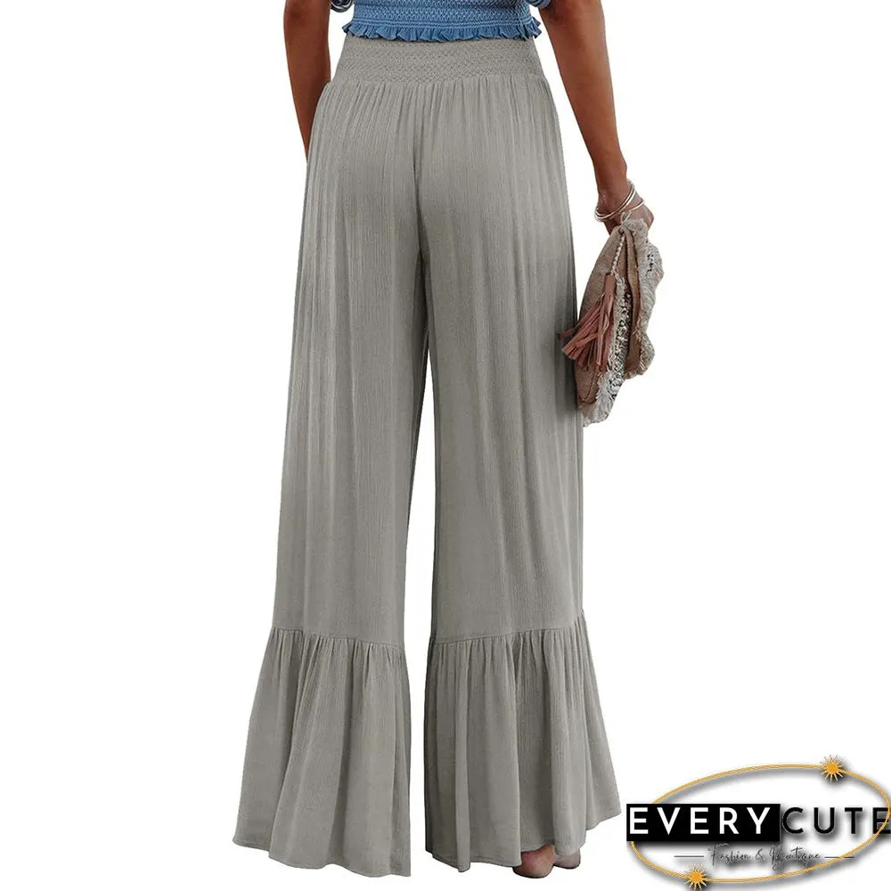 Light Gray Solid Elastic Waist Wide Leg Casual Pants