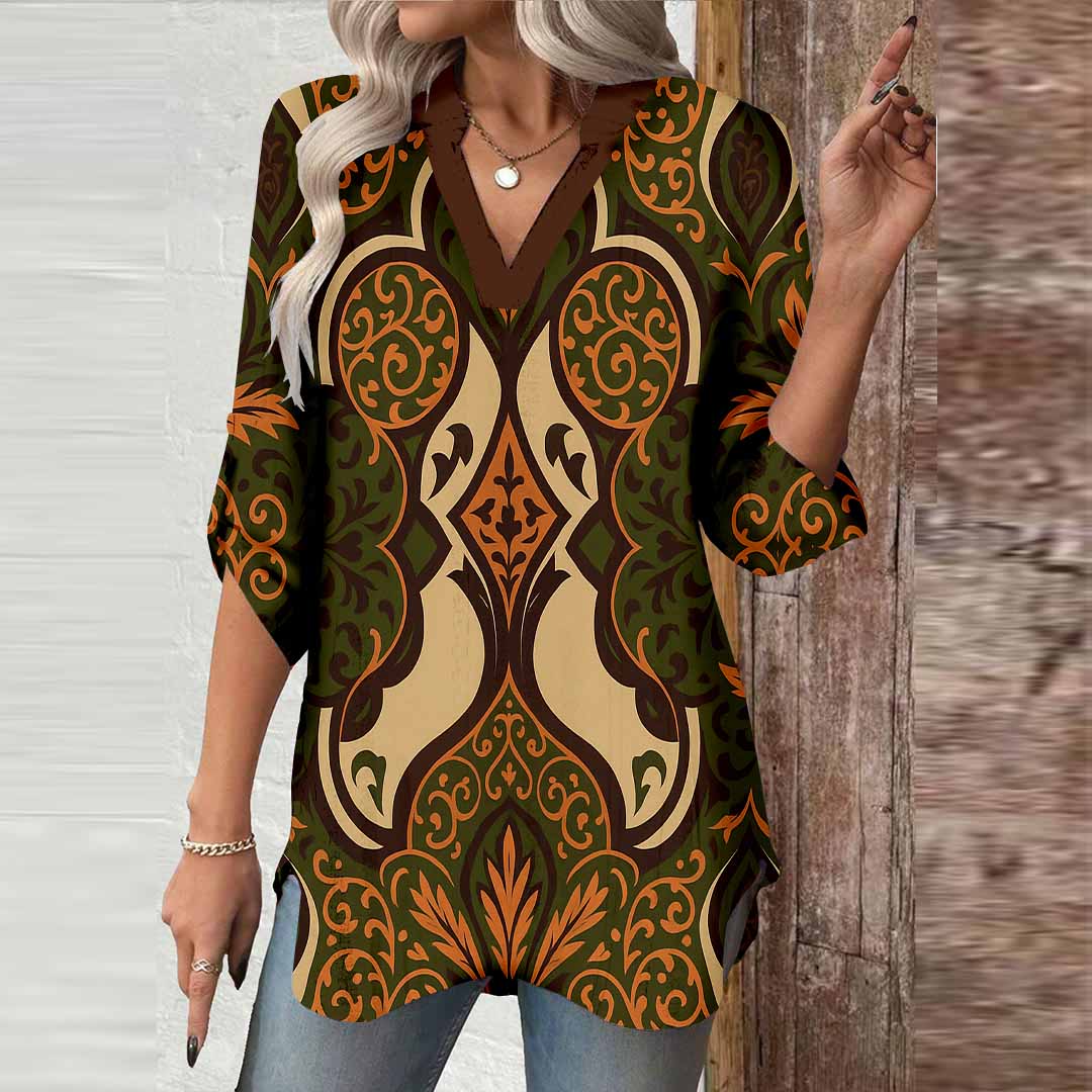 Women Tropical, Brown, Khaki DZGA0153 3/4 Sleeve V-neck Printed Graphic Button Tops