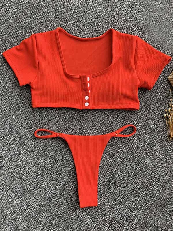 Solid Color Striped Short Sleeve Button Split Tankini Swimsuit