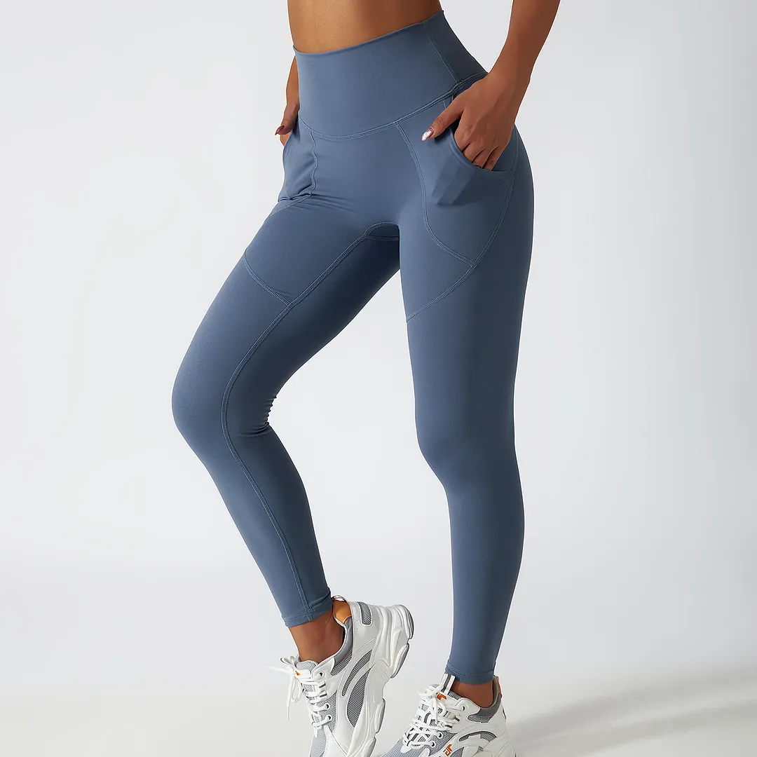 Hergymclothing Haze Blue high rise no camel toe squat proof butt lifting non see through lightweight buttery soft ethical yoga pants eco friendly online shopping