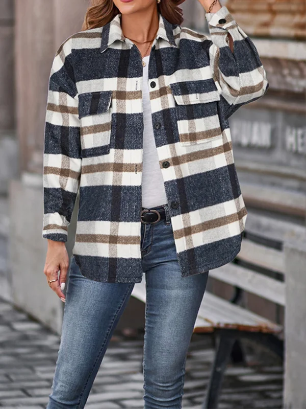 Women's Autumn and Winter Long Sleeve Jacket Lapel Loose Plaid Woolen Jacket Flusfy