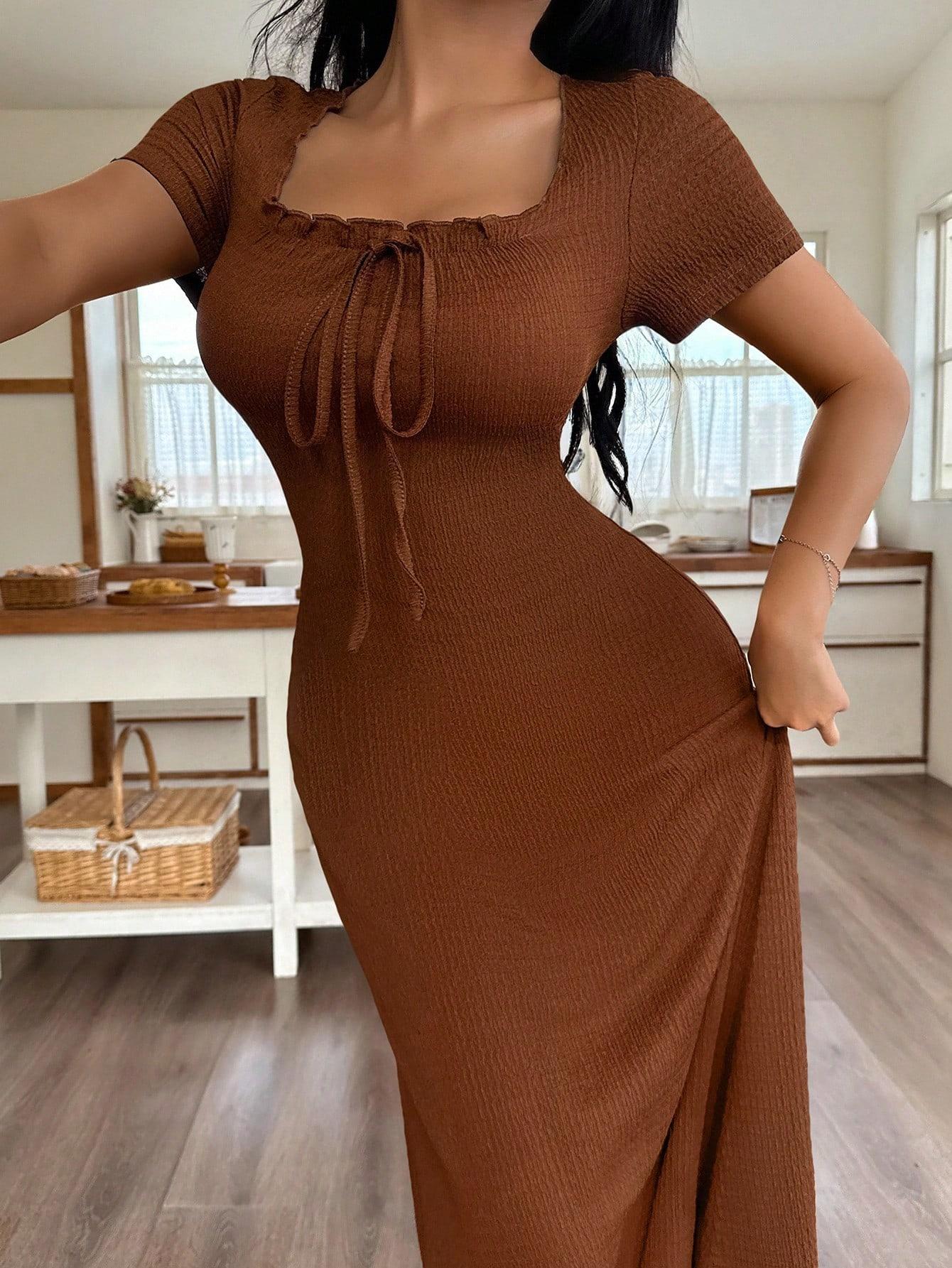 Women's Casual Solid Color Jacquard Gathered Ruffle Trim Square Neck Maxi Loungewear Dress Brown Dress Lounge Dress Summer Dress Tie Front Dress Midi Dress