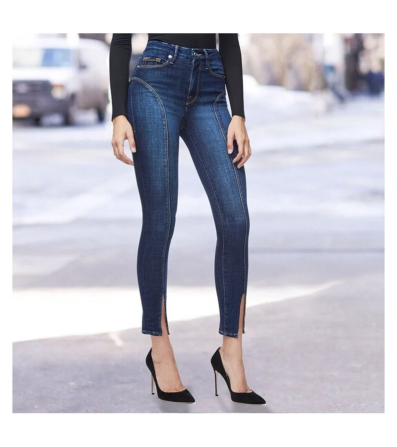 Women Fashion Sewing Design Unique Irregular Opening Skinny Jeans