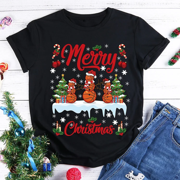 Basketball Snowman Christmas  T-Shirt-011049-Annaletters