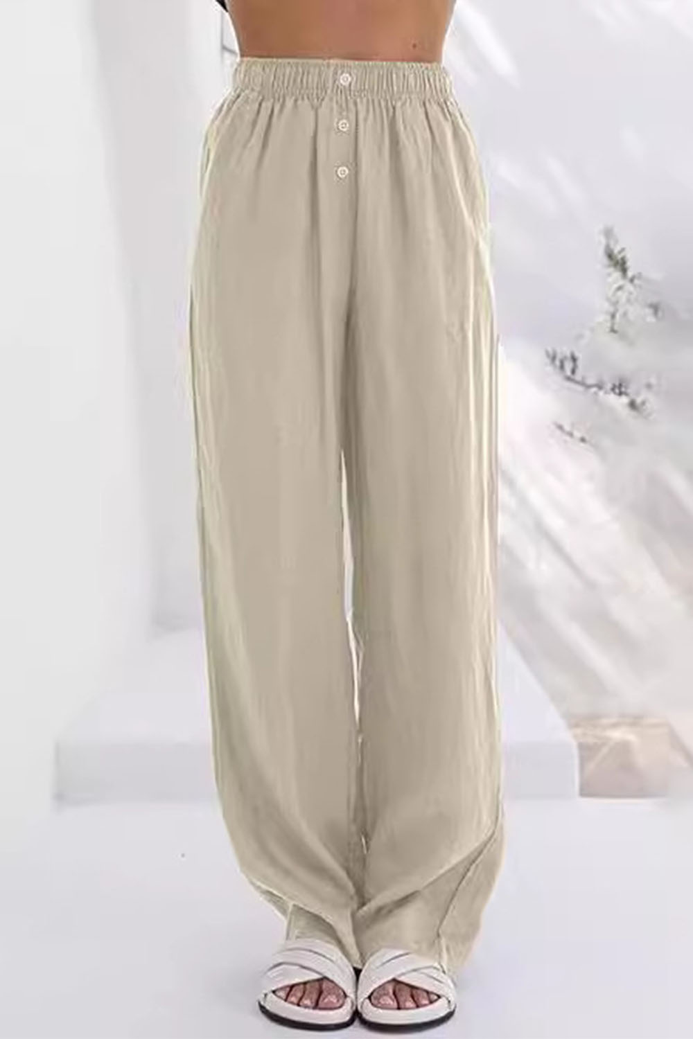 Plus Size Casual Dark Blue Cotton And Linen High Rise Elastic Waist Button Pants 2024 - Flycurvy 