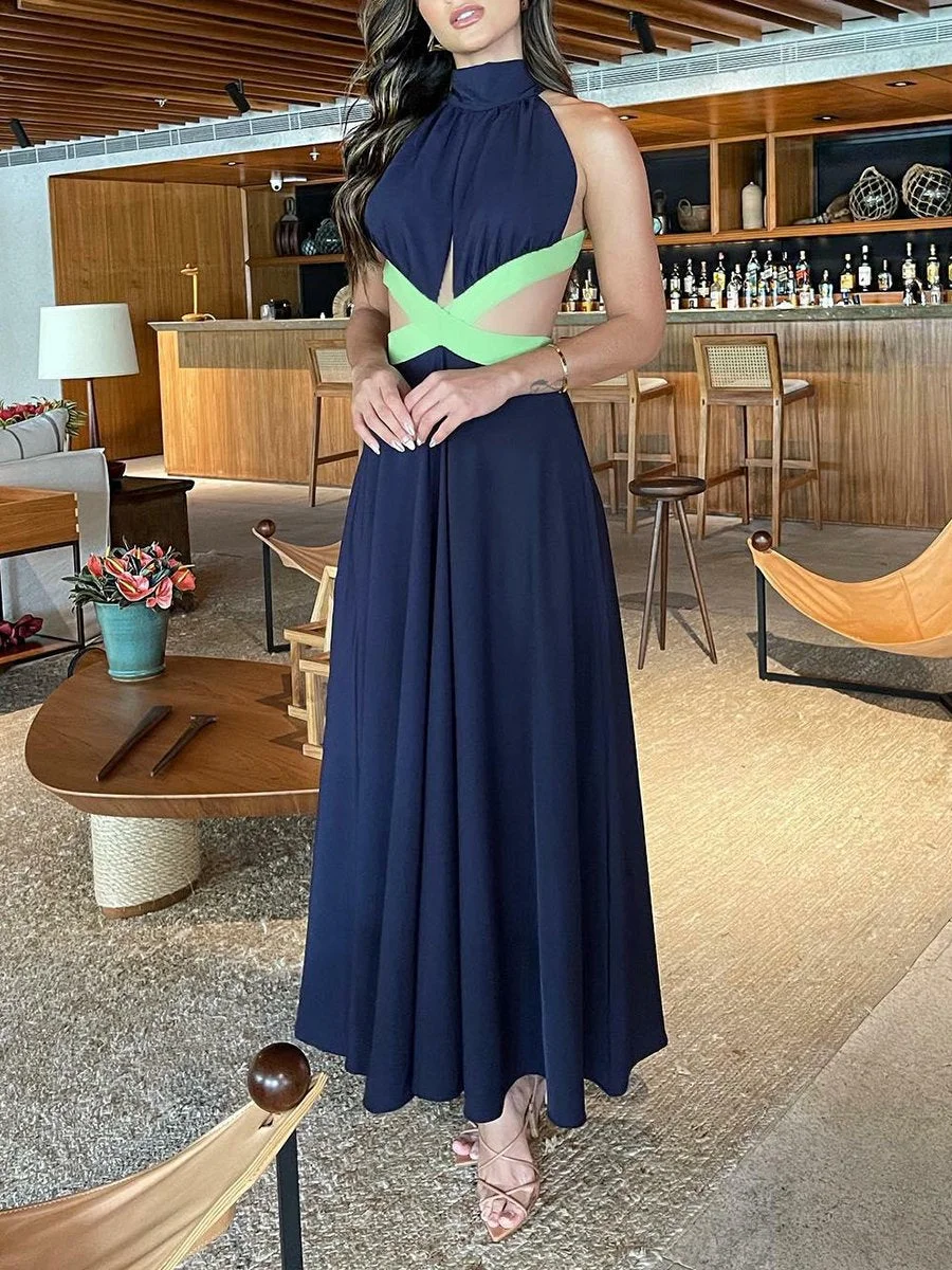 Backless Cross Colorblock Maxi Dress