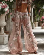 Women's Spring Floral Roses Embroidered Art Print Flowy Linen Blend Casual Pants - Image 2