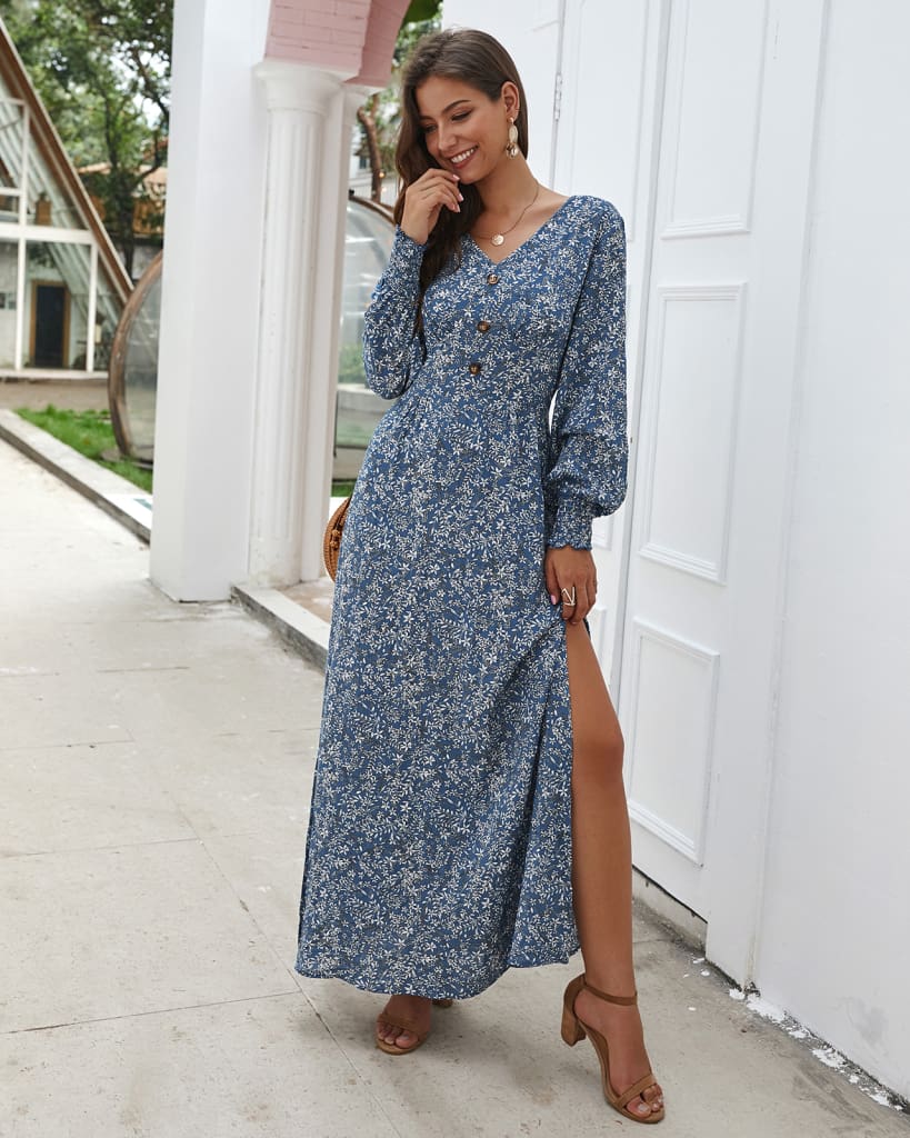 Women Ladies Long Lantern Sleeve Autumn Dress Floral Autumn Pre-fall Holiday Buttons Maxi Dress