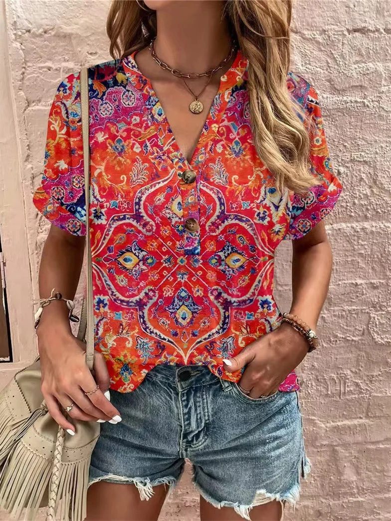 Women's V Neck Short Sleeve Floral Printed Causal Top