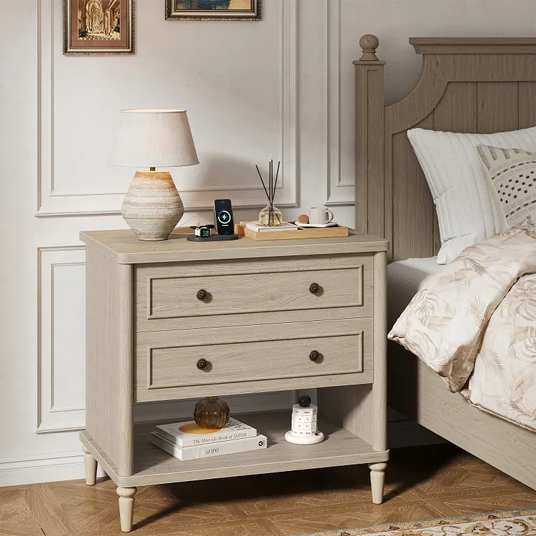 Bestier Farmhouse Nightstand with Drawer, Open Shelf Night Stand with Charging Station, Wood Bedside Table Sofa Side End Table for Bedroom, Living Room
