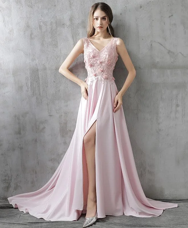 Pink A Line Satin Lace Long Prom Dress, Pink Evening Dress