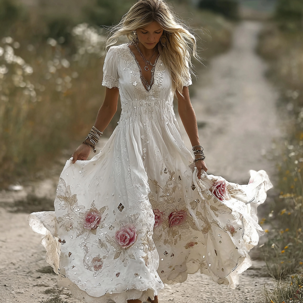 Comstylish Vintage Floral Embroidery Art Women's Comfy Linen Maxi Dress