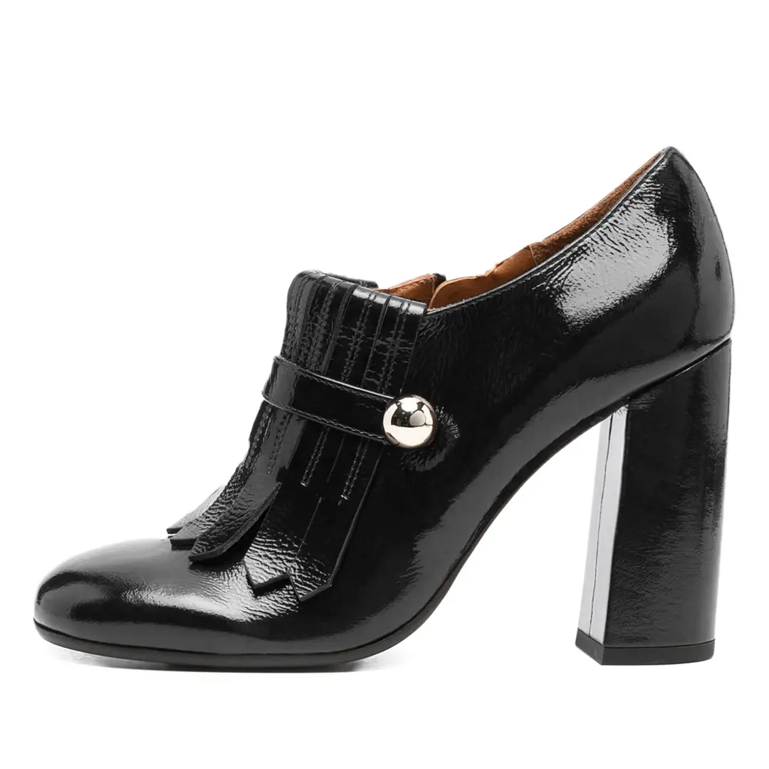 Faux Leather Round Toe Fringe Black Heel Booties with Zipper