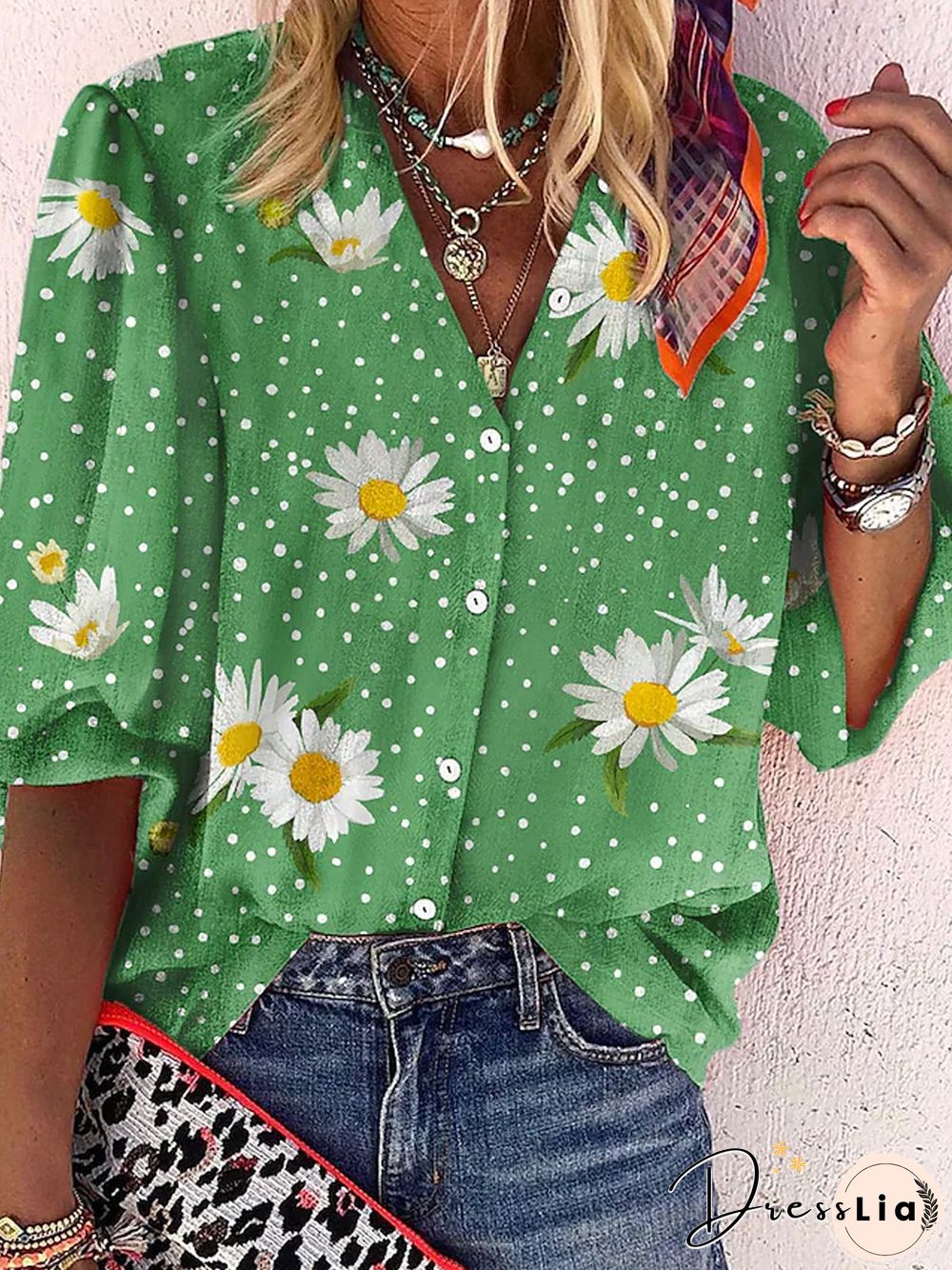 Casual Loosen Buttoned White Button Down Mid Sleeve Blouse