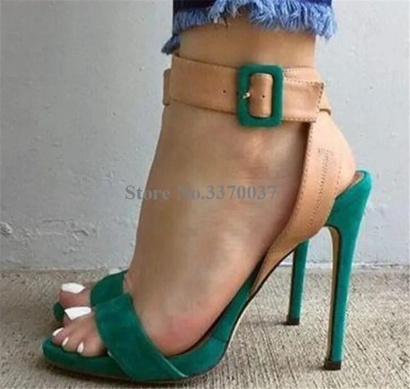 VCSHOES Western Style Women Open Toe One Strap Stiletto Heel Sandals Patchwork Ankle Strap Buckles High Heel Sandals Dress Heels