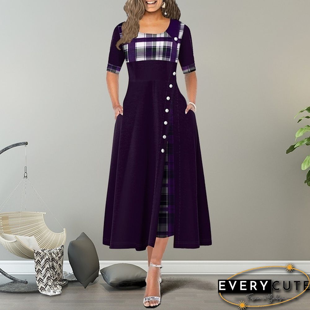 Women's Fashion Half Sleeve Elegant Long Dress Plaid Print Button Detail Maxi Dress Plus Size Xs-5Xl