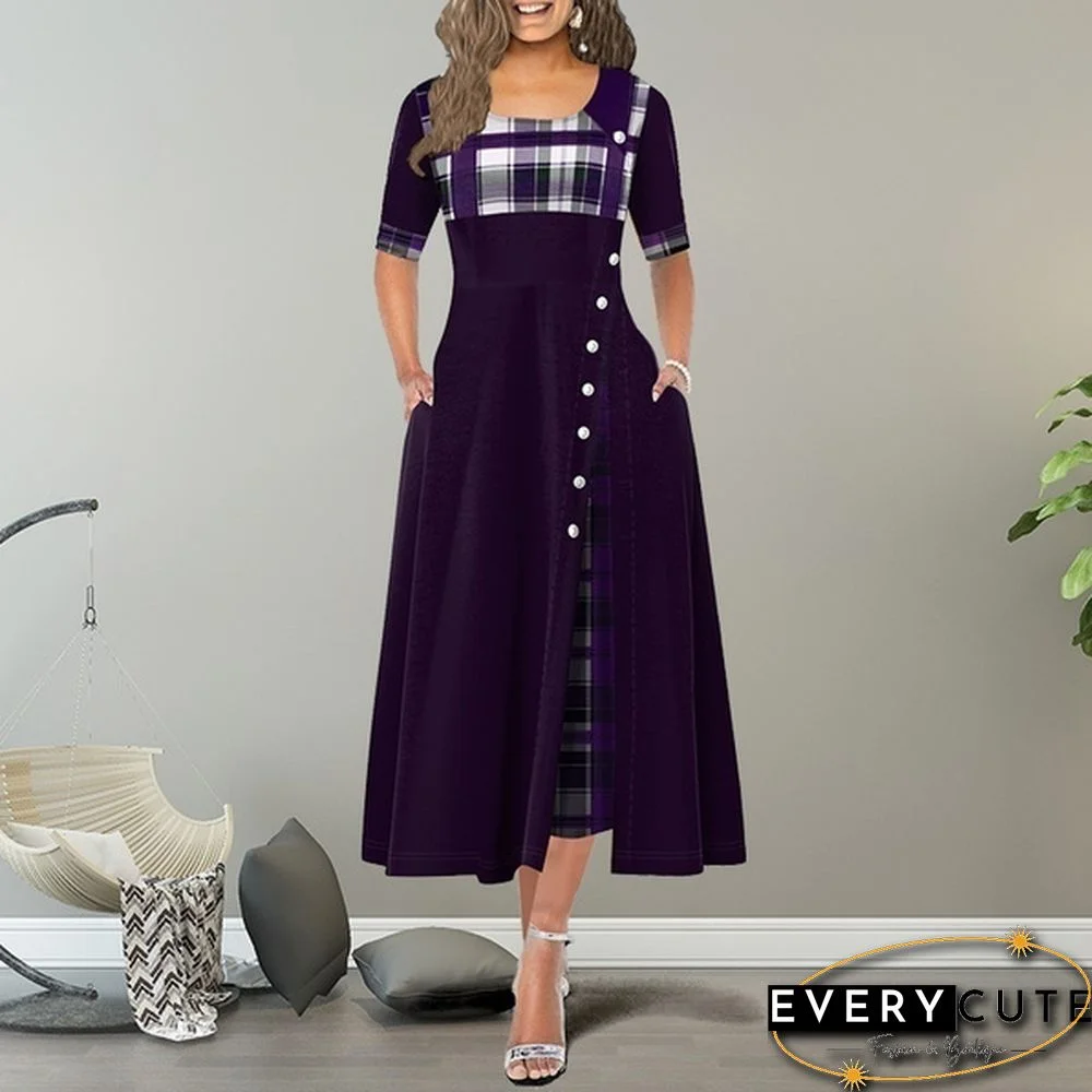 Women's Fashion Half Sleeve Elegant Long Dress Plaid Print Button Detail Maxi Dress Plus Size Xs-5Xl