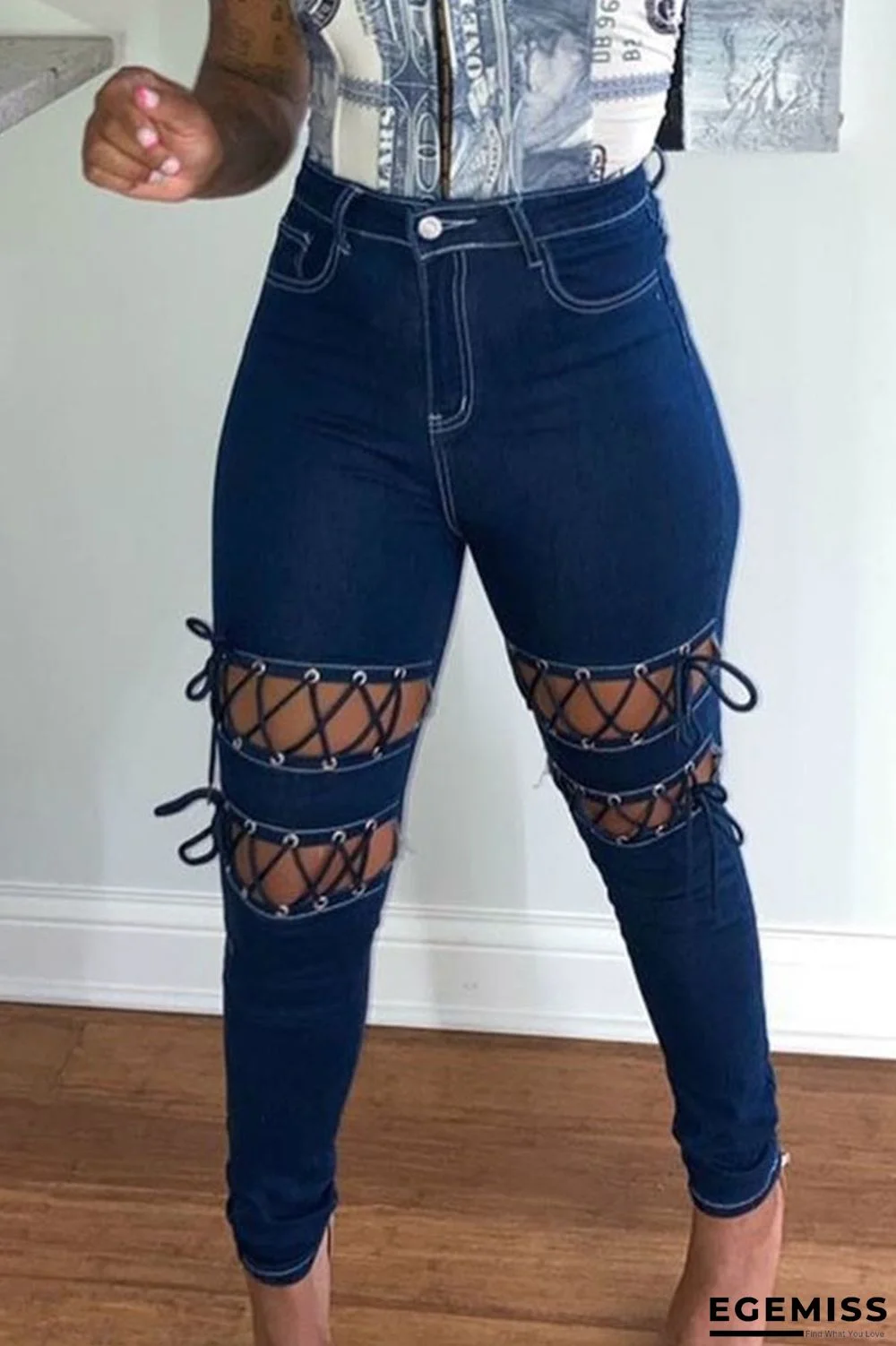 The cowboy blue Street Solid Ripped Frenulum Mid Waist Regular Jeans | EGEMISS