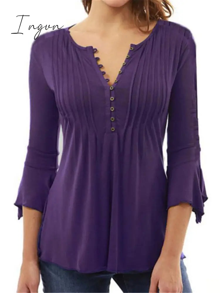 Ingvn - Pleated V-Neck Flared Sleeve Plain Color Blouse For Women Purple / S Tops