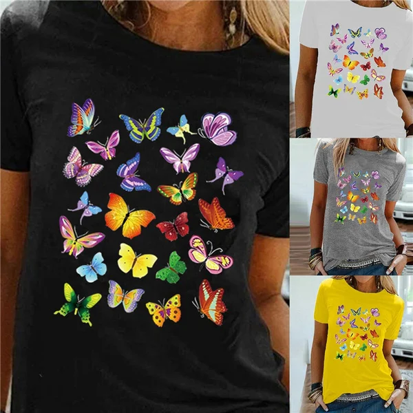 Colorful Butterfly Printed Female T Shirt Summer Fashion Short Sleeve Women T Shirts Round Neck Top Tees