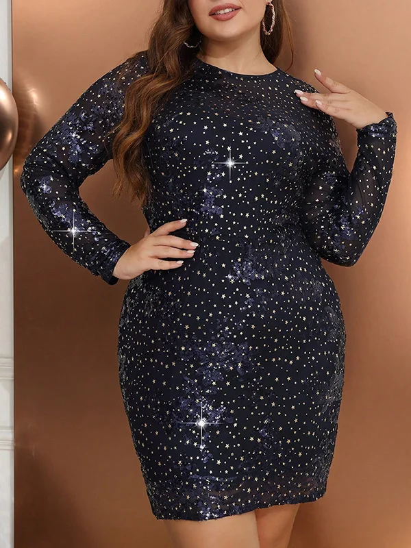 Sequined Long Sleeves Round-Neck Midi Dresses