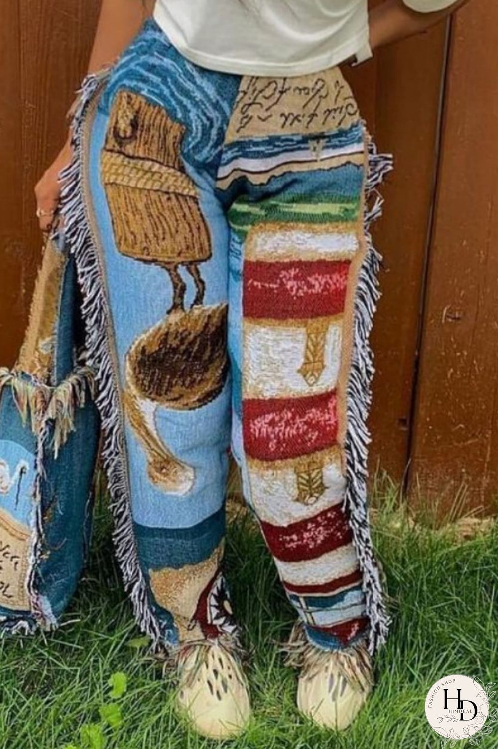 Sky Blue Casual Print Tassel Patchwork Regular High Waist Conventional Full Print Trousers