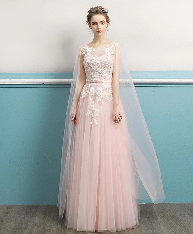 Pink Round Neck Lace Long Prom Dress, Lace Evening Dress
