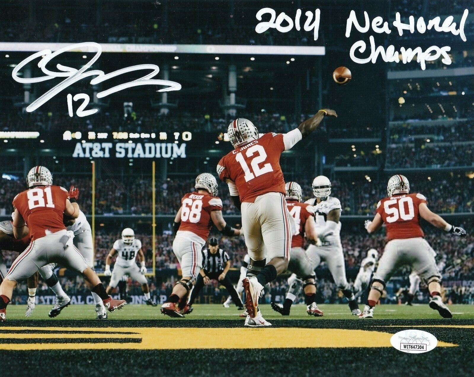 CARDALE JONES OHIO STATE BUCKEYES 2014 NATIONAL CHAMPS JSA ACTION SIGNED 8x10