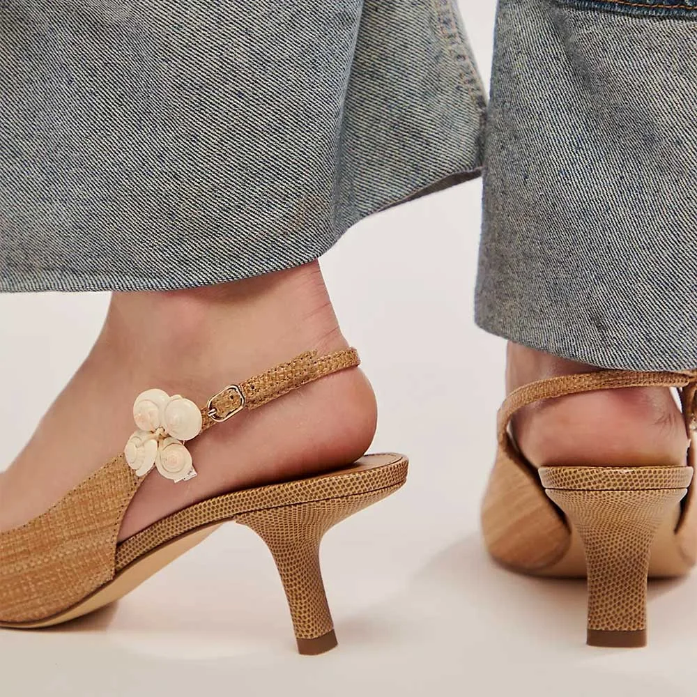 Stylish Tan Pointed Toe Chunky Heel Slingback Pumps with Buckle