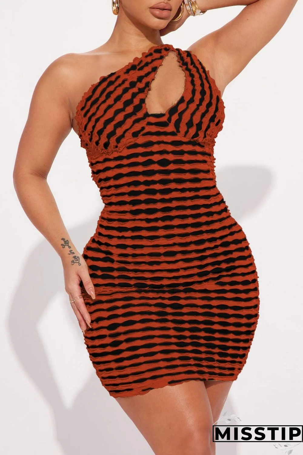 Earth Yellow Sexy Striped Patchwork Backless Oblique Collar Dresses