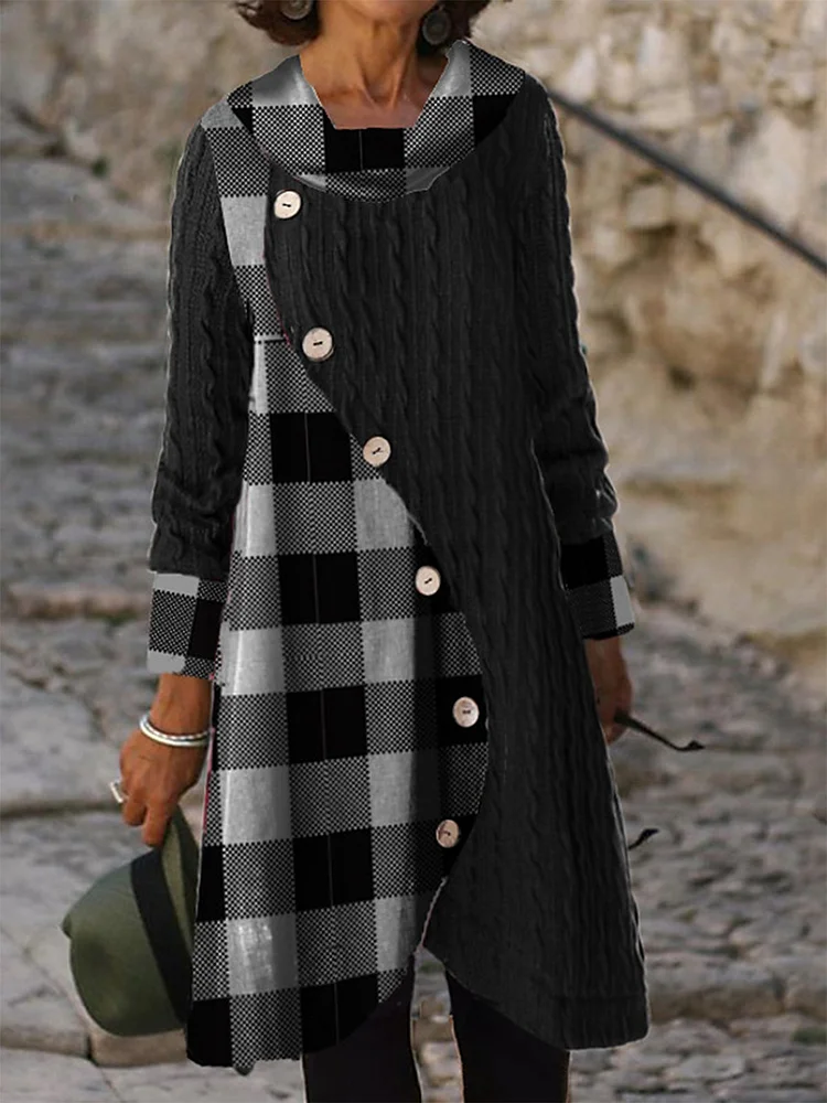 Long Sleeve Color Block Button Casual Hot Vacation Weaving Dress
