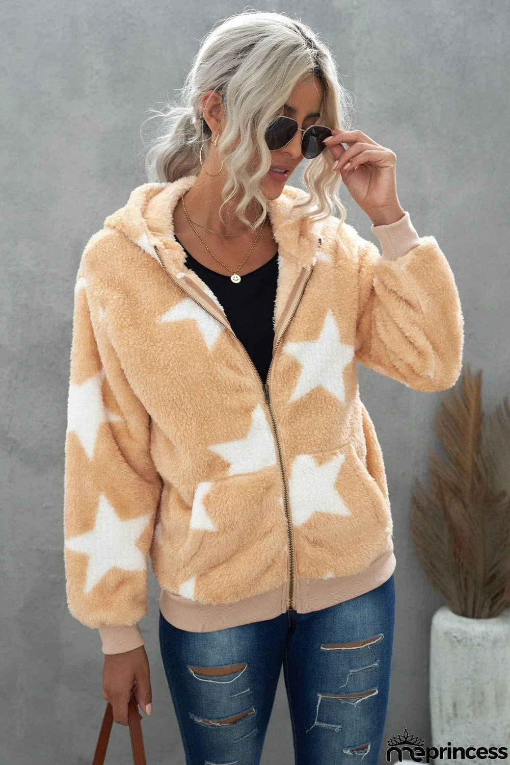 Camo Print Zipper Fleece Hooded Coat with Pockets