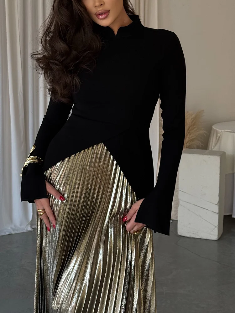 Black Bell Sleeve Irregular Hem Top & Pleated Skirt Set