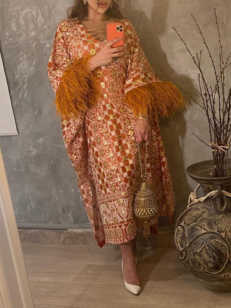 Gold stamping feather patchwork loose dress فساتين