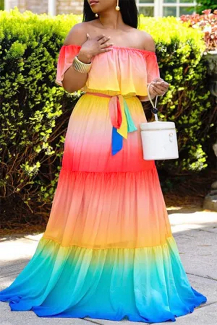 Plus Size Multicolor Summer Off Shoulder Rainbow Gradient Ruffle Layered Wrap Maxi Dresses [Pre-Order]
