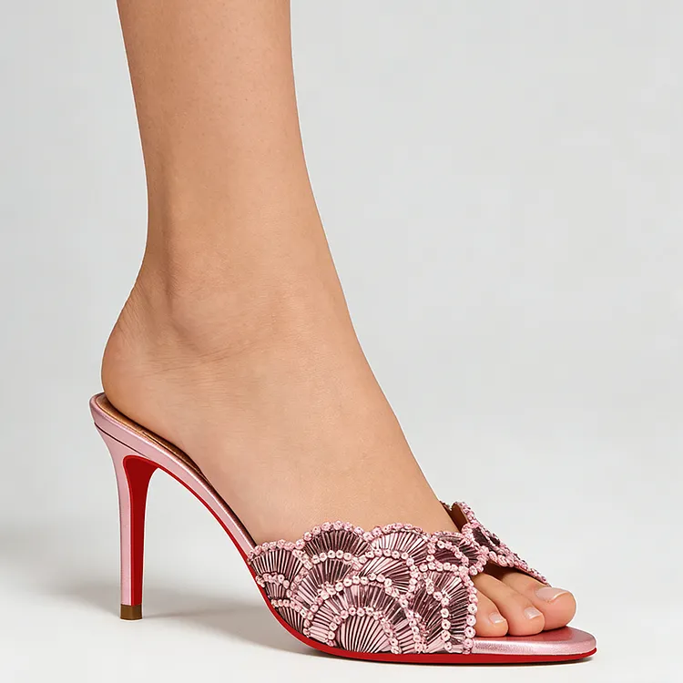 100mm/80mm Sequined Beaded Peep Toe High Heel Mules Heels Slip On Red Bottom Sandals VOCOSI VOCOSI