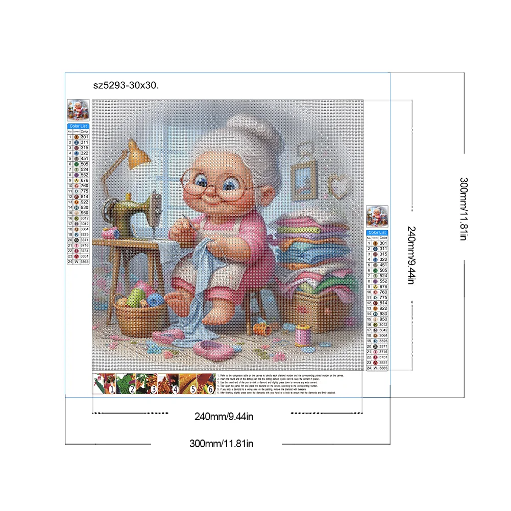 Diamond Painting - Full Round Drill - Old Lady Sewing(Canvas|30*30cm)