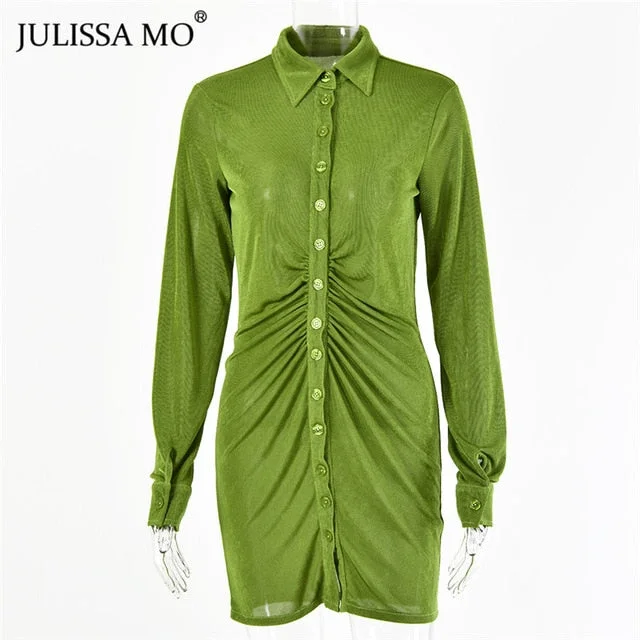 Julissa Mo Autumn Ruched Long Sleeve Bodycon Dress Women Turn-Down Collar  Mini Dress Female Button Slim Party Vestidos 2023