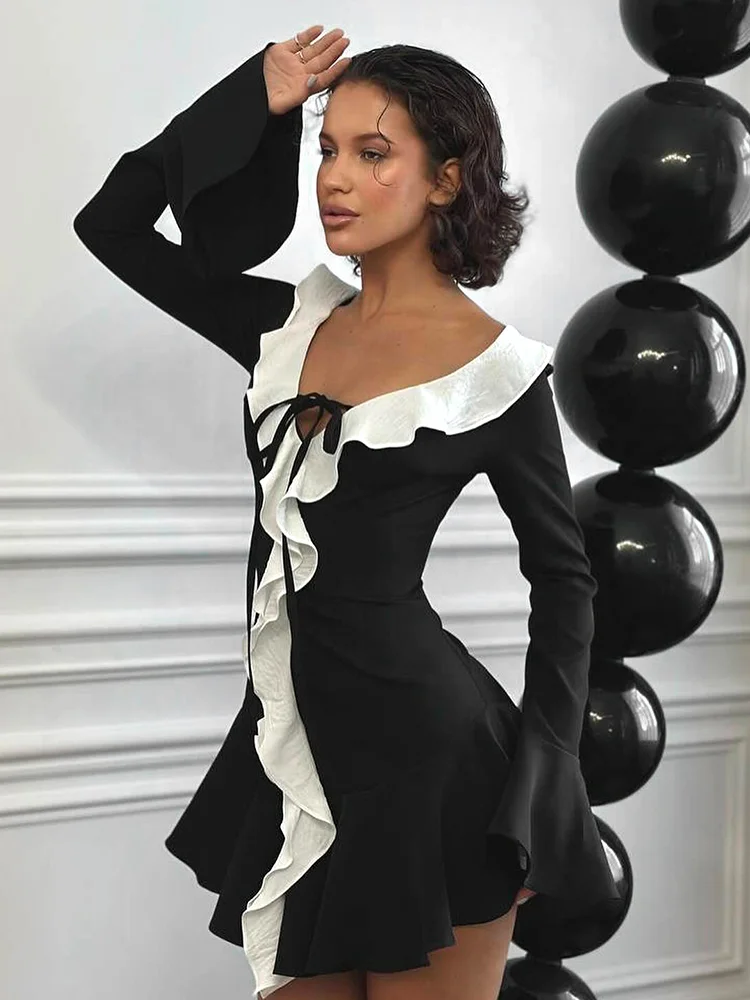 Women Lace-Up Backless Flared Sleeve Street Trend Sexy Elegant Bodycon Contrast Patchwork Ruffles Mini Dress 