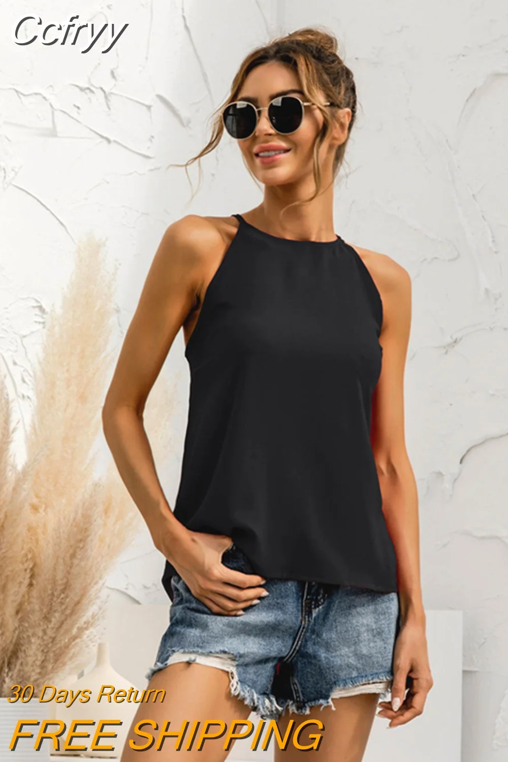 huibahe Summer Vest 2023 Fashion Pure Color Halter Sleeveless Ladies Chiffon Top Casual Beach Vacation Clothes White Black