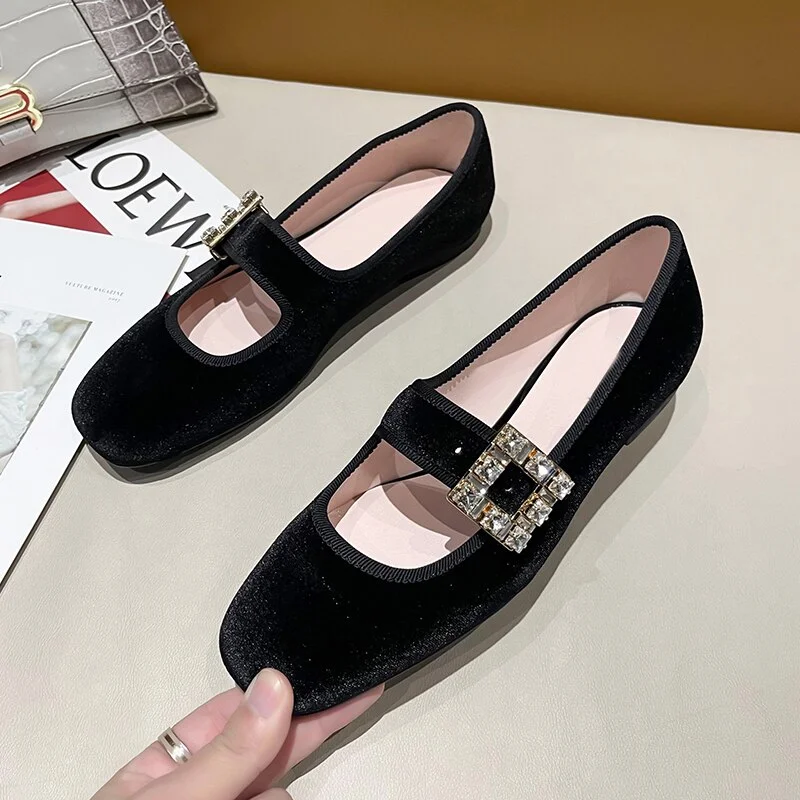 Qengg Spring and Autumn New Fashion Rhinestone Square Buckle with Mary Jane Single Shoes Square Toe Solid Color Women's Shoes