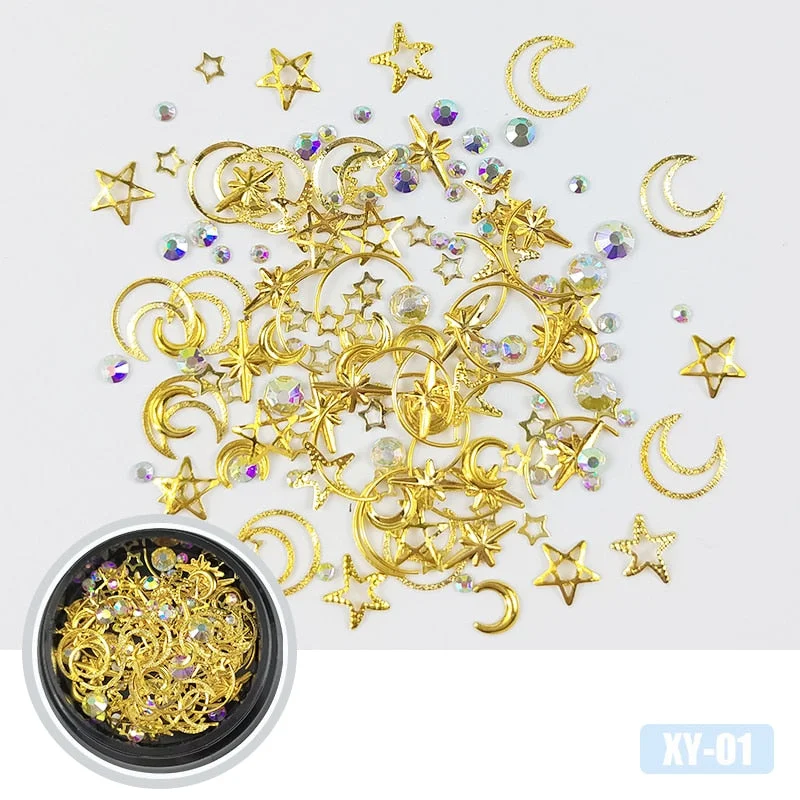 HNUIX Mixte Styles Lune Star Nail Glitter Strass Bijoux Charmes Gems Métal Tranche Rivet DIY 3D Dos Plat Nail Art décorations