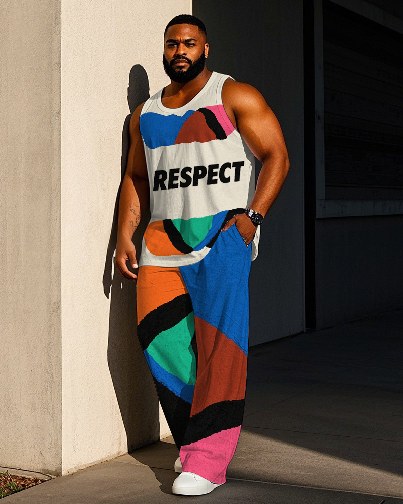 Big Men's Casual Outdoor RESPECT Oil Painting Style Color Block Printed Vest and Pants Set