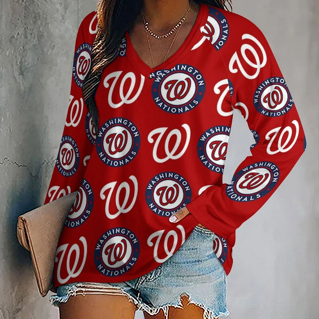 V-neck Long Sleeve Casual T-shirt for  Women and Men Printed with Pattern , Blue, Red